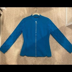 Isaac Mizrahi Live teal jacket with lace sleeves